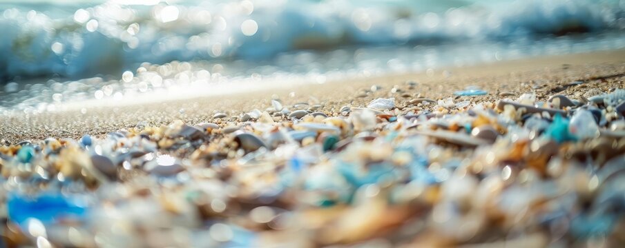 Closeup of microplastics mixed with sand on a beach, highresolution photograph, natural light