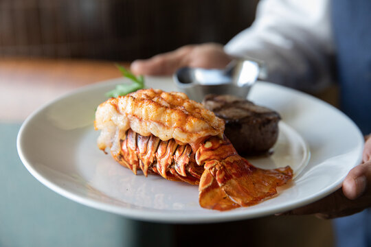 Waiter hold a plate with lobster tail and filet mignon.