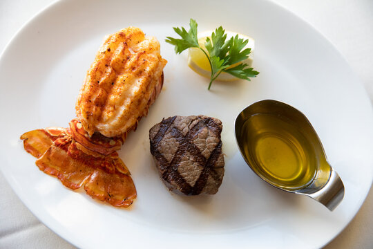 Plate with lobster tail and filet mignon
