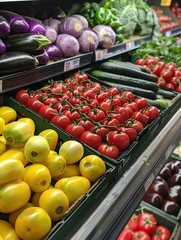 Realistic Photography of Colorful Vegetables on Display in a Busy Supermarket
