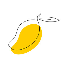 Mango conceptual logo design in continuous outline drawing. Drupe fruit in one line art style with abstract color spot. Exotic sweet vitamin. Edible stone fruit hand drawn flat vector illustration