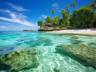 Tropical Beach with Clear Waters and Palm Trees