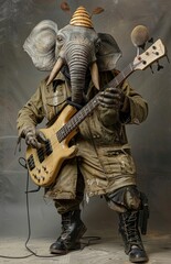 Obraz premium Elephant in suit playing electric guitar in dark background unique musical performance traveling through time and space