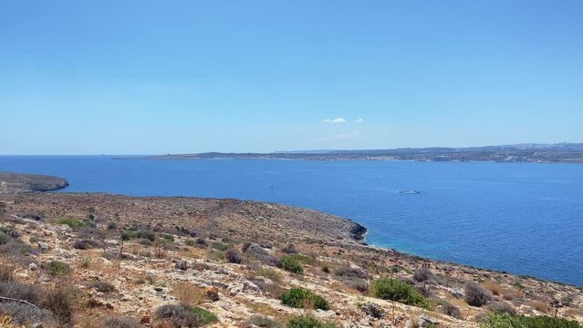 Beautiful colorful wildflowers on the rugged Terrain of Comino Island, Malta. Revealing mediterranean sea and Malta island in the distance. High quality 4k footage