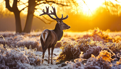 Majestic deer standing in golden light of sunrise in a winter forest. Concept of nature and serenity by AI generated image