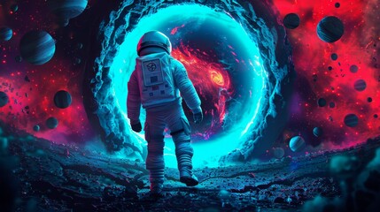 Fototapeta premium A man in a spacesuit is walking through a blue and red tunnel in space, space-time portal