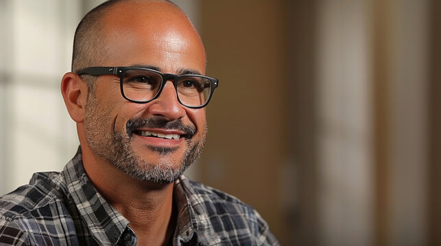A man wearing glasses smiles while looking off-camera during an interview