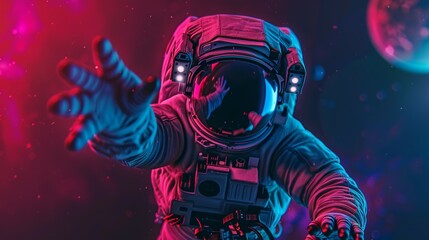 A man in a space suit is reaching out to the camera, space-time portal