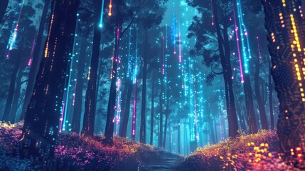 Futuristic forest background with neon data streaming inside,cyberpunk style.