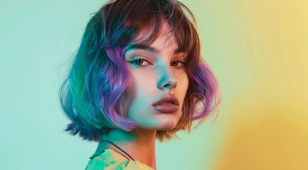 Naklejka premium A woman with purple hair is standing in front of a yellow background, Bob hairstyle