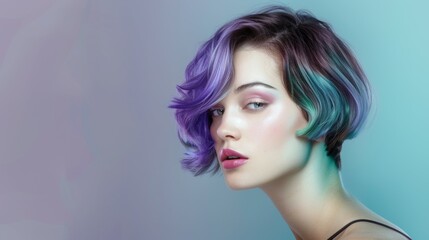 Fototapeta premium A woman with purple and blue hair is standing in front of a blue background, Bob hairstyle
