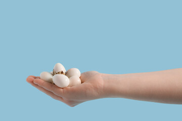 Female hand with fresh boiled quail eggs on blue background