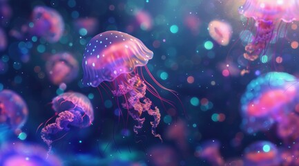 Obraz premium A group of jellyfish are floating in the water