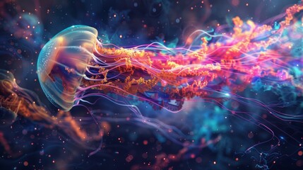 Fototapeta premium A jellyfish with a rainbow tail is floating in space