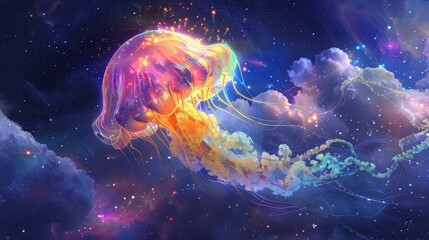 Naklejka premium A colorful jellyfish is floating in the sky above a starry background