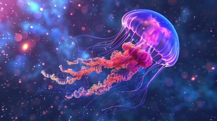 Fototapeta premium A jellyfish is floating in the sky with a purple and pink color