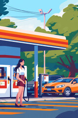 A woman pumps gas into a car at a gas station on a sunny day. There are trees and a blue sky in the background