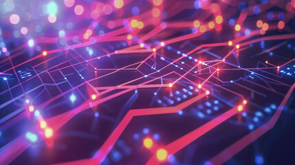 Obraz premium Abstract network of glowing lines and points in red and blue colors, against a dark background, creating a futuristic and digital aesthetic