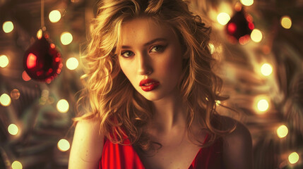 Fototapeta premium A woman with blonde hair and red lipstick is posing in front of a background of Christmas lights and ornaments. She is wearing a red dress and is looking directly at the camera