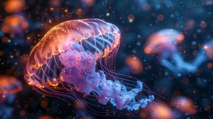 Obraz premium A jellyfish with a purple and orange body is floating in the water