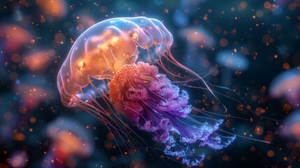 Obraz premium A jellyfish with a purple tail is floating in the water