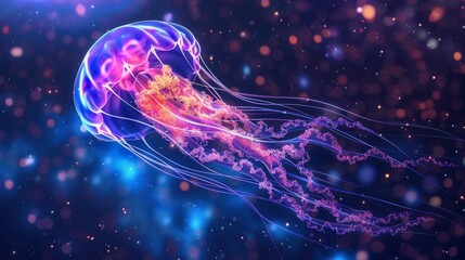 Fototapeta premium A jellyfish is floating in the sky with a blue background