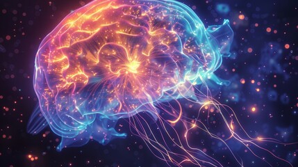 A colorful jellyfish with a brain inside