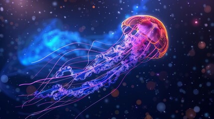 Obraz premium A jellyfish is floating in the water with a blue background