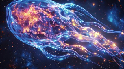 Fototapeta premium A glowing blue jellyfish with orange and yellow swirls