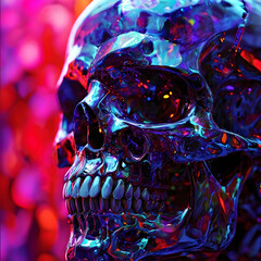 A close-up side view of an elongated alien head crystal skull, highlighting the eye sockets, the internal colors, and the structure of the skull against a dark, sophisticated cult background