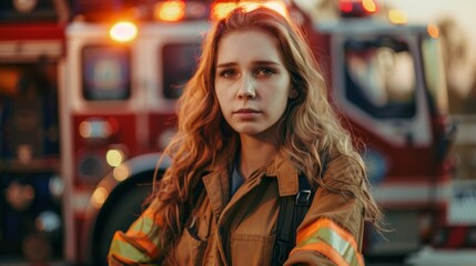 Fototapeta premium A woman in a fireman's uniform is standing in front of a fire truck