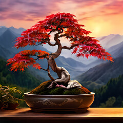 A realistic, healthy, small, informal upright Japanese maple bonsai tree in a small pot, featuring an abundance of miniaturized foliage, set against a backdrop of a valley, mountain with bright colors