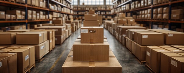 Warehouse with rows of cardboard boxes