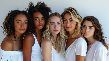 Fototapeta premium A group of beautiful women with different skin tones posing in white for the camera in a studio shot with studio light