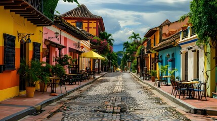 Obraz premium A charming cobblestone street lined with colorful buildings and sidewalk cafes.