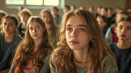 Fototapeta premium A girl with long brown hair is sitting in a classroom with other students. She is looking at something, but it is not clear what it is