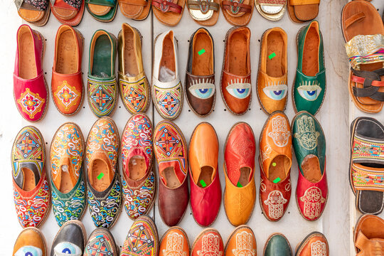 detail of leather shoes in the old covered suq in Hawna as Suq.