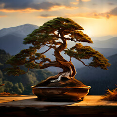 Large scale informal upright Juniper bonsai with a mountain background, detail the curves of the branches and the bunching of the foliage