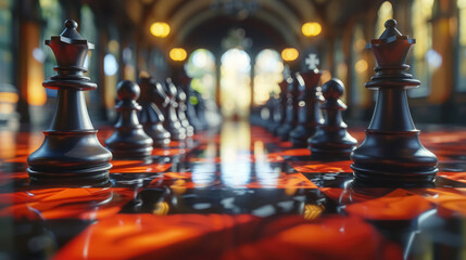 dramatic chessboard setup in grand hall, strategic game of chess in historical setting, black pieces in focus