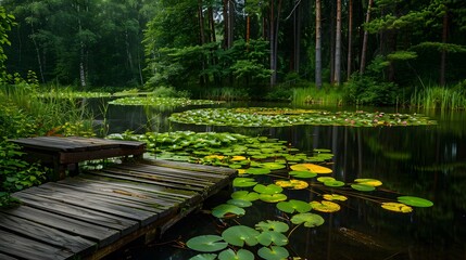 A tranquil forest pond with water lilies and a wooden dock