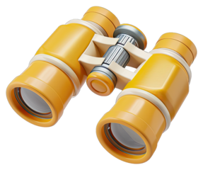 Yellow Binoculars 3d Icon, Travel Tool for Magnifying Remote Viewing. Isolated on a Transparent Background. Cutout PNG.