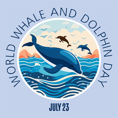 World Whale and Dolphin Day. Holiday concept. Template for background, banner, card, poster with text inscription. Vector EPS10 illustration.