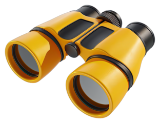 Yellow Binoculars 3d Icon, Travel Tool for Magnifying Remote Viewing. Isolated on a Transparent Background. Cutout PNG.