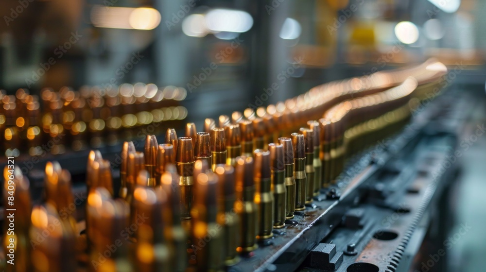 Poster a row of bullets are being manufactured in a factory