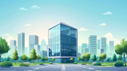 Fototapeta premium Contemporary office building in a bright urban landscape with a clear sky, surrounded by trees and other skyscrapers.