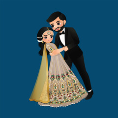  Wedding invitation card the bride and groom cute couple in traditional indian dress cartoon character