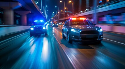 Two police cars are racing down a highway at night