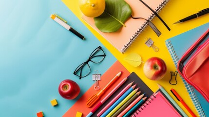 Assortment of colorful school stationery supplies for bright and creative classrooms, background