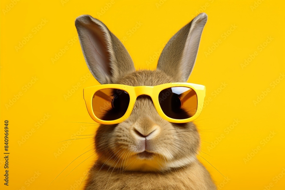 Wall mural adorable rabbit wearing stylish yellow sunglasses against a vibrant yellow background, perfect for f