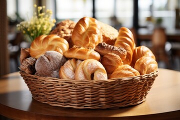 Assorted fresh bread in a wicker basket on a wooden table, in a warm and welcoming bakery setting with blurred backgrounds and flowers.